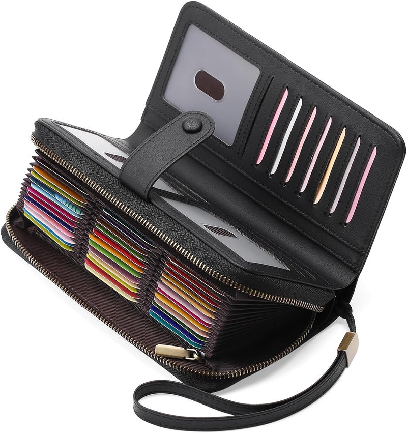 GAEKEAO Leather Credit Card Holder Wallet for Women RFID Blocking Large Capacity Bifold Zipper Card Case Organizer with Wristlet 45 Slots - Image 1